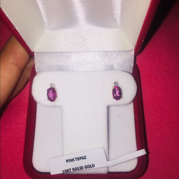 10K Pink Topaz and Diamond Stud Earrings - Picture 2 of 3
